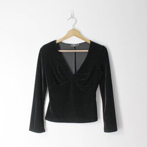 Vintage Y2K black velvet twist V-neck long sleeve fitted blouse top CDC petite 4